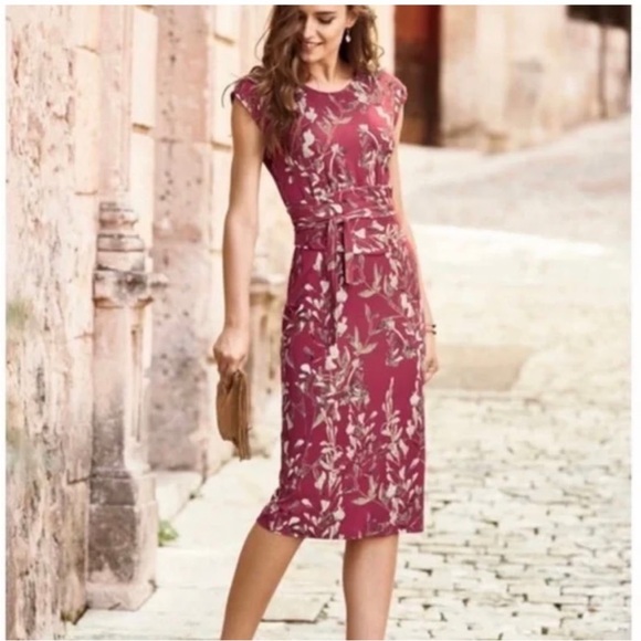 Peruvian Connection Floral Majorca Jersey Dress Pink Cinched Waist Blossoms Sz M - Picture 1 of 16